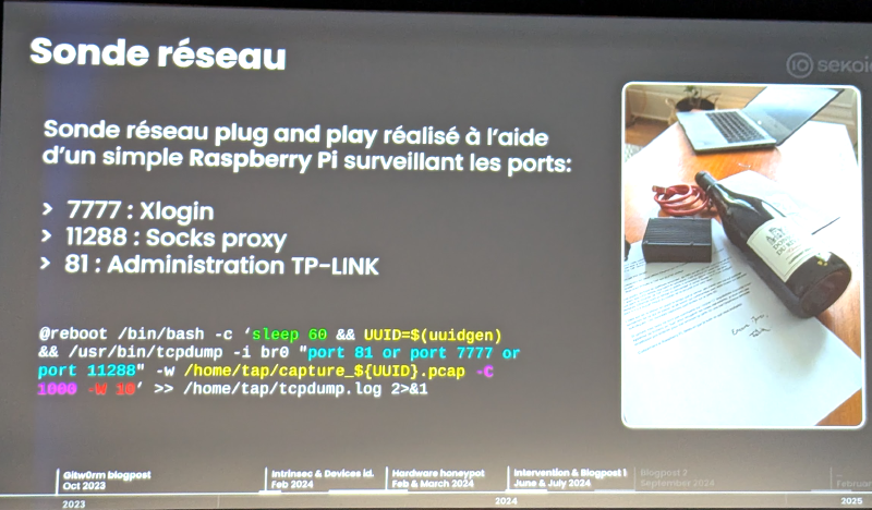 Screen de la sonde réseau et du code lancement du tcpdump