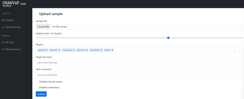 Drakvuf Upload sample Tab